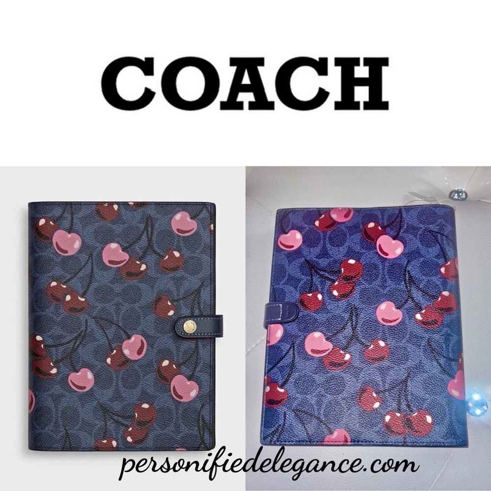 NEW Coach Blue Denim Cherry Print Coated Canvas Leather Notebook Journal Diary